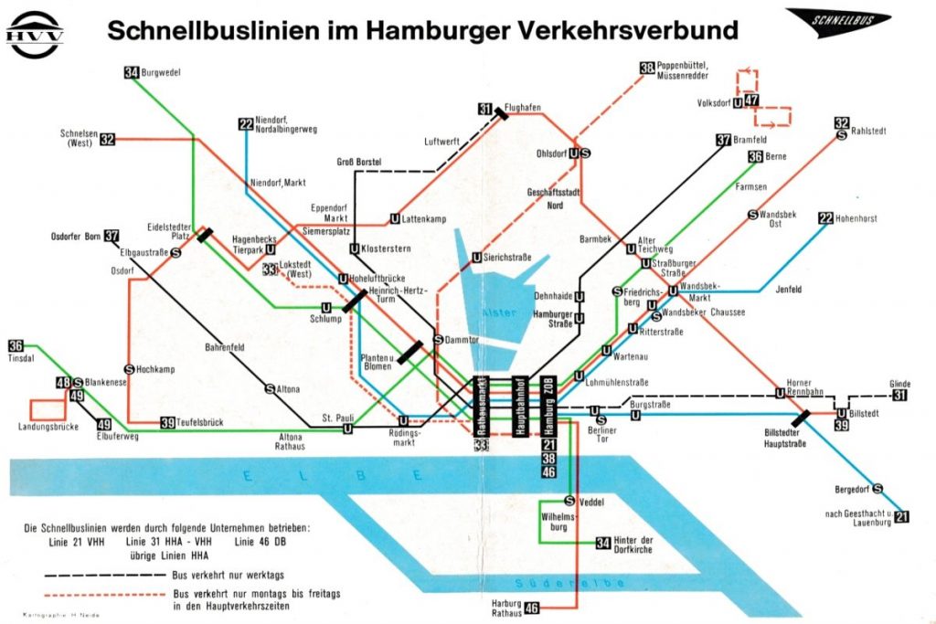 Grafischer HVV-Schnellbusplan aus dem Fahrplanbuch "Winter 1971/72"