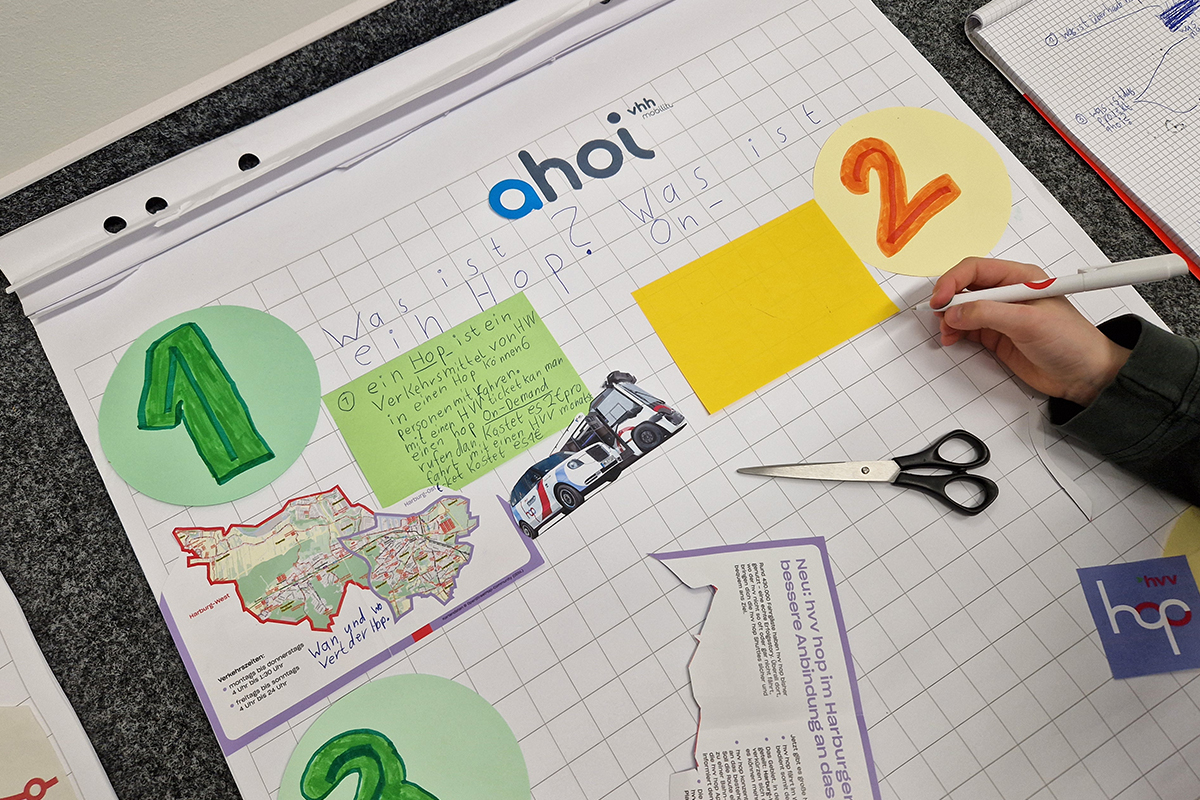 Die Schülerinnen erarbeiten Plakate für ihre Referate zum autonomen Fahren.